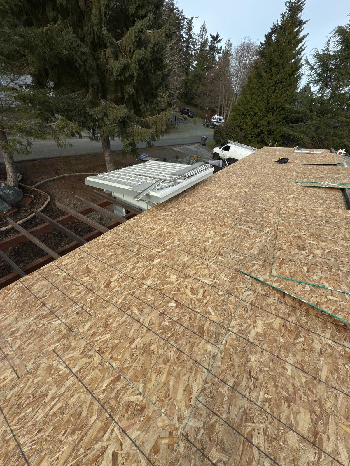 View along newly installed roof decking at the Anacortes home