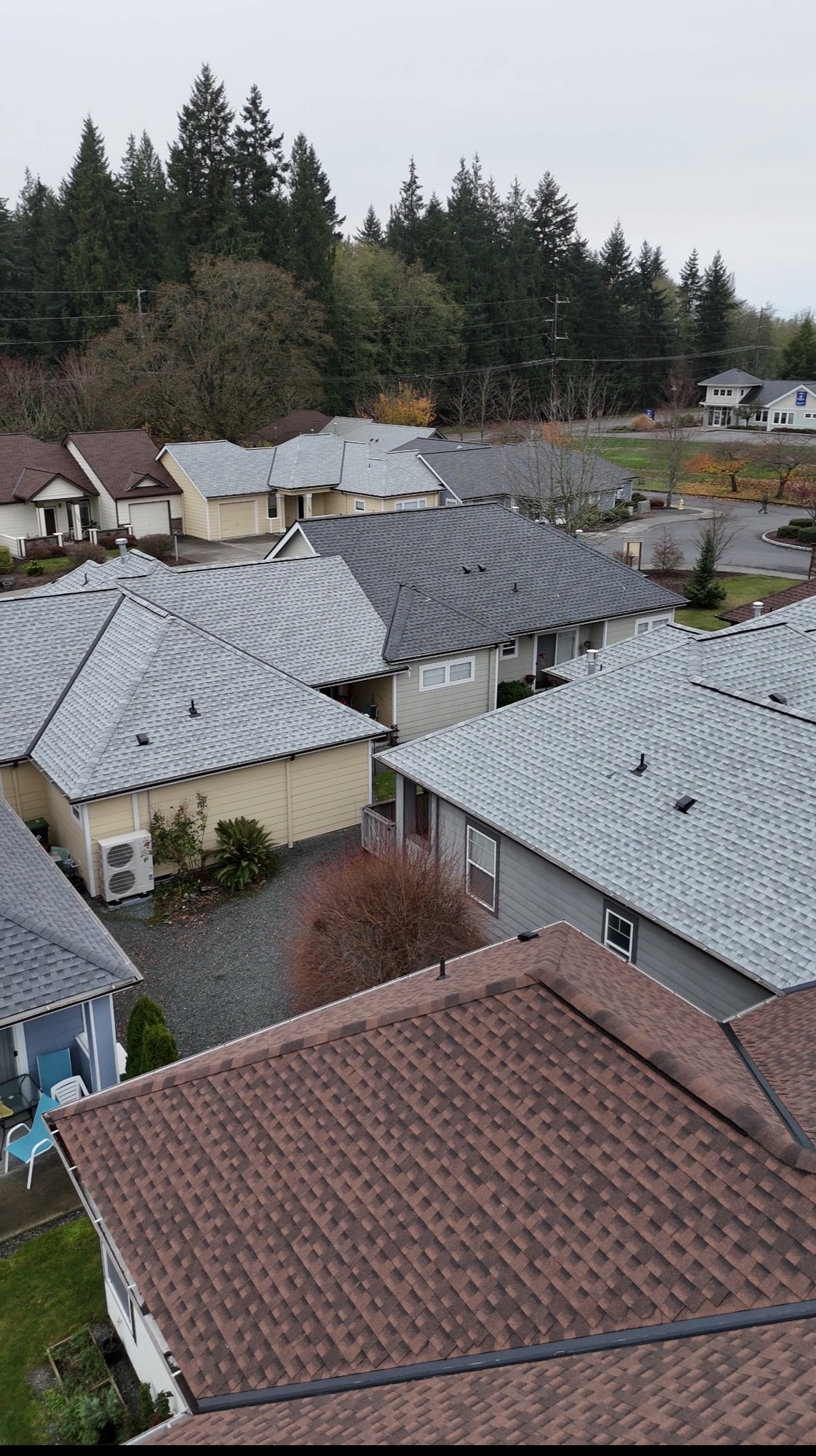 Close aerial view of the varied rooflines and valleys across Maple Ridge