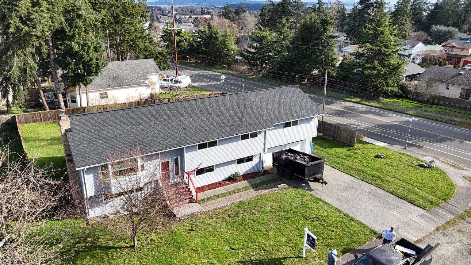 Finished Pewter Gray shingle roof on an Oak Harbor home listed for sale